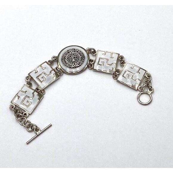 Alpaca Bracelet Mayan Calendar White Enamel Silver Tone 7” Linked - Picture 3 of 11